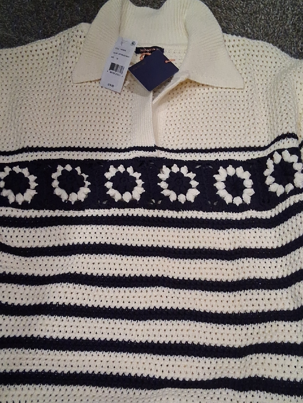 Women’s Cream and Navy Striped Crochet Polo Sweater